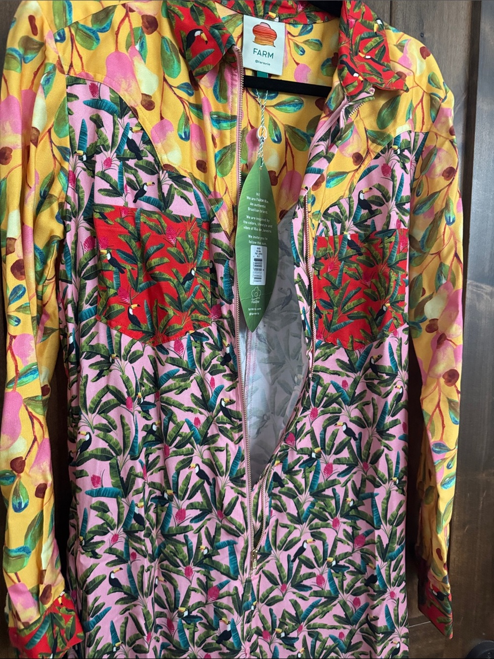 FARM Rio Pink Floral Zip-Front Jumpsuit with Yellow Sleeves - Picture 4 of 5